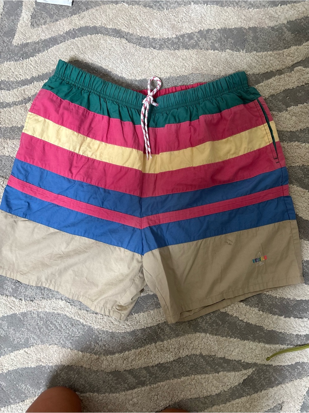 Multicolor Striped Men's Swim Trunks — Green, Pink, Yellow, Blue, Tan